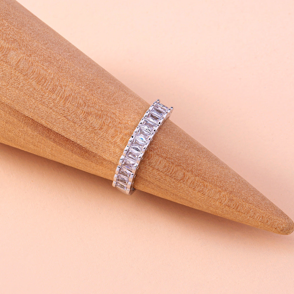 European and American cross-border personality simple fashion popular square zircon ring opening adjustable ring female accessories jewelry