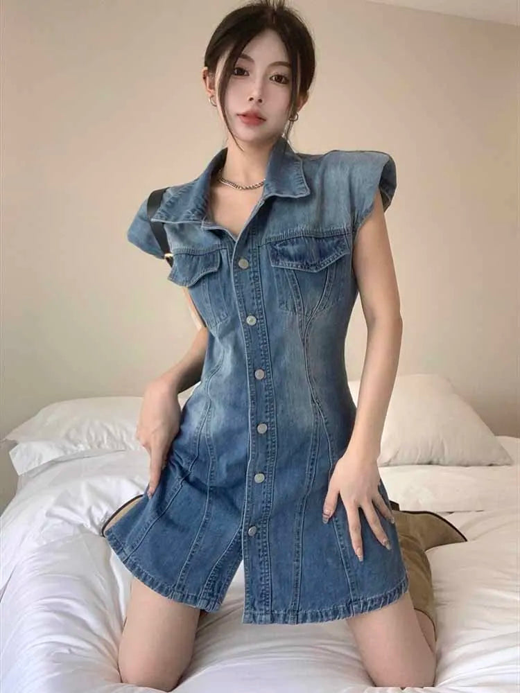 The Newest Fashion Wear Take Fashion Women Vintage Polo-neck Sleeveless Denim Blue Dress Party Cocktail Short Mini Dress