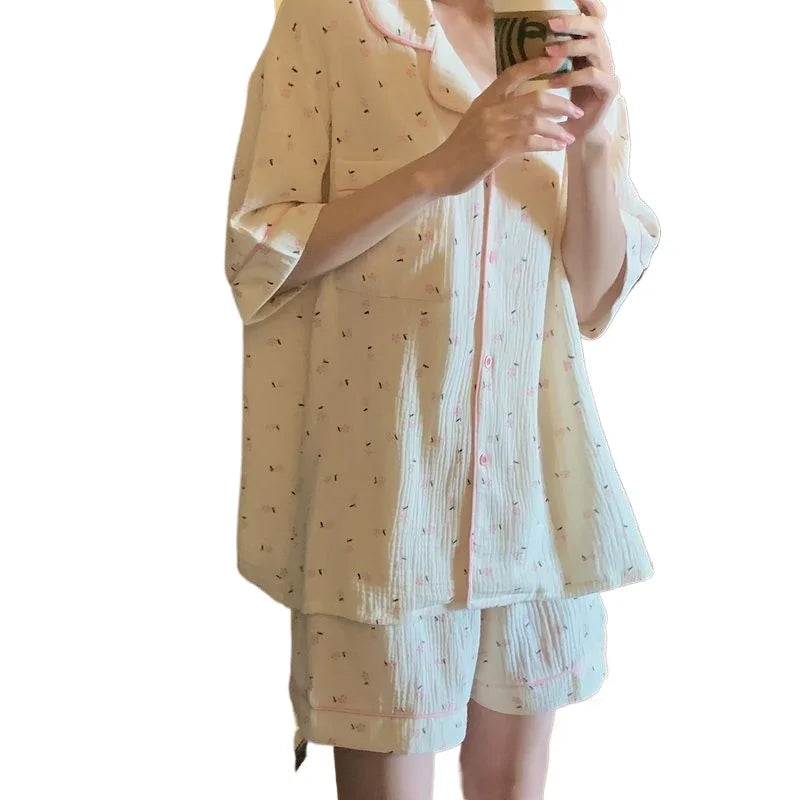 Floral Sleepwear Women Pajama Sets Korean Fashion Piiama Short Sleeve Sets 2 Pieces Pocket Night Wears Cute Button Home Suit New