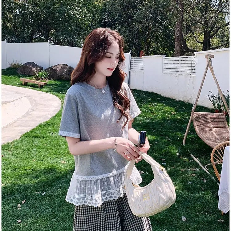 C04 Korean Lace Spliced gray Short-sleeved T-shirt Plaid Wide-leg Pants Suit for Women Summer Two-piece Set