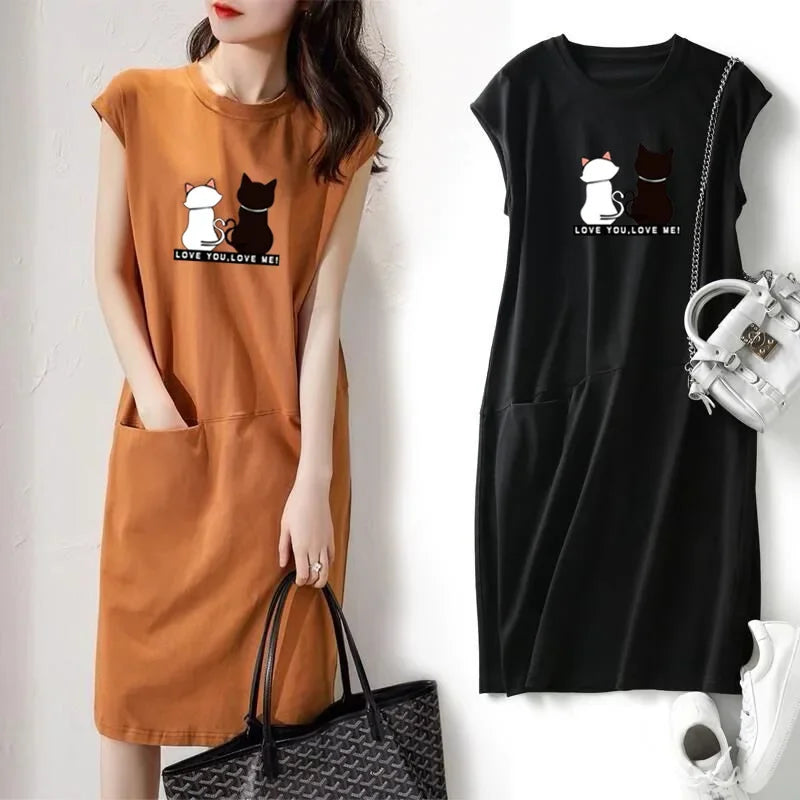 Women Summer Cat Print Dress Korean Fashion Aesthetic Clothes Casual Streetwear Black Loose Midi Dresses for Women