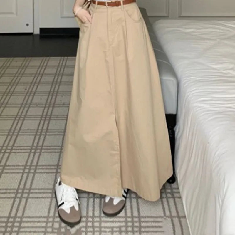 Korean fashion women's Polo collar striped shirt+loose high waisted split skirt two-piece set
