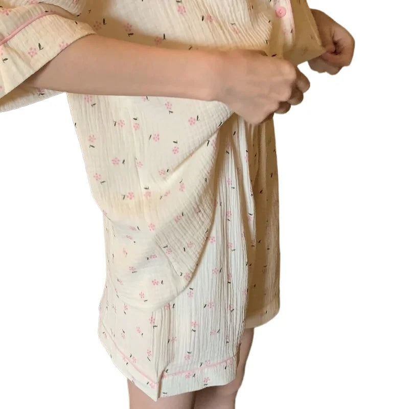Floral Sleepwear Women Pajama Sets Korean Fashion Piiama Short Sleeve Sets 2 Pieces Pocket Night Wears Cute Button Home Suit New