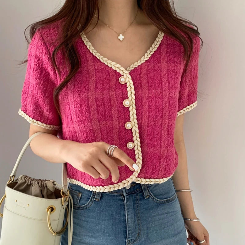 2025 Summer New Elegant Retro Short Korean Plaid Tweed Cardigan Women Fashion Short Sleeved Thin Short Jacket Female Elegant Top