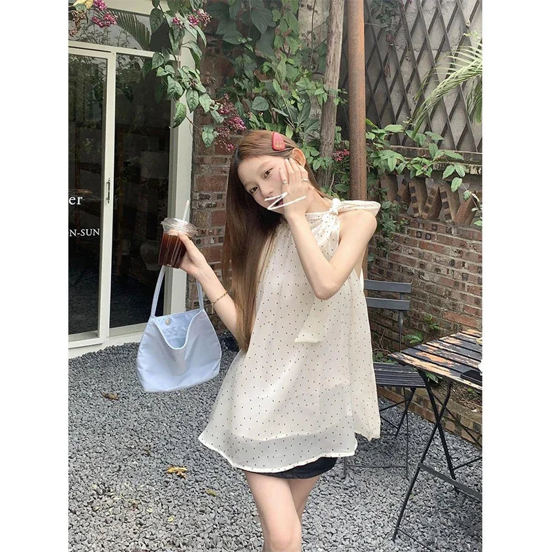 MEXZT Sweet Dot Shirts Women Elegant Bow Bandage Blouses Vintage Halter Print Tops Summer Korean Sleeveless Casual Clothes New