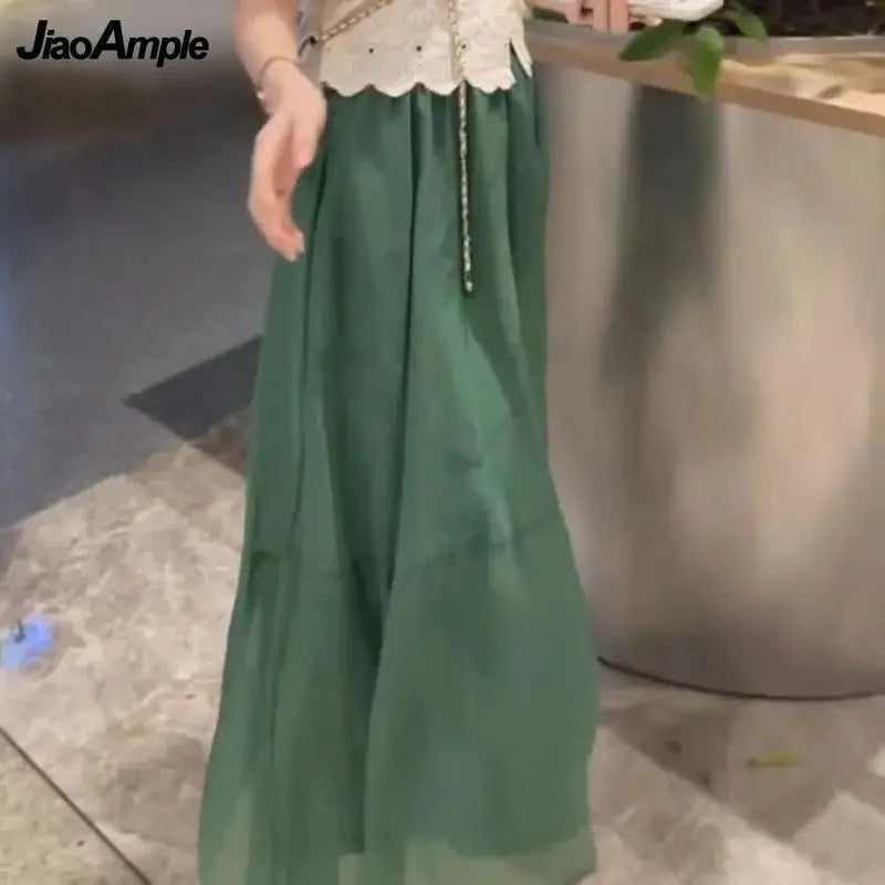 Women's Chic Summer Clothing Korean Graceful Lace Shirt+Mesh A-Line Midi Skirts Two Piece Set Lady Elegant Short Sleeve Top