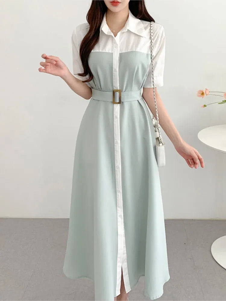 Summer Elegant Korean Long Dress Shirt Women Short Sleeve Patchwork Single Breasted Belt A Line Midi Vestidos Party Night