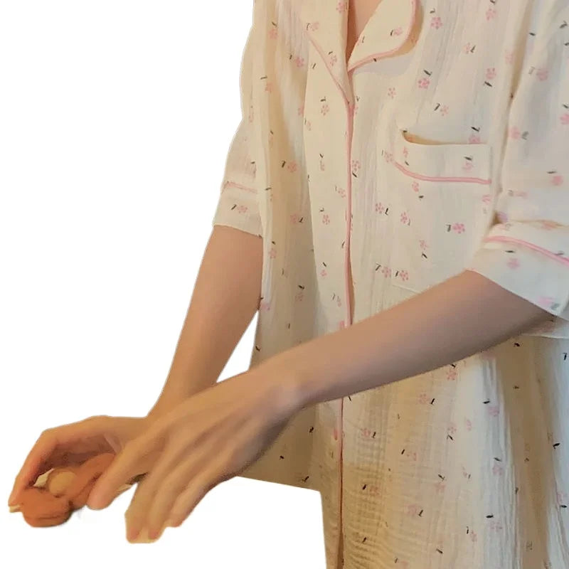 Floral Sleepwear Women Pajama Sets Korean Fashion Piiama Short Sleeve Sets 2 Pieces Pocket Night Wears Cute Button Home Suit New
