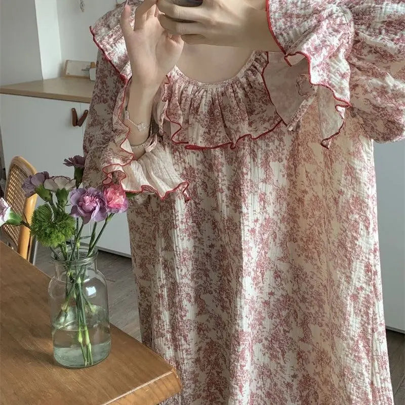 Floral Women Nightgown Autumn Sleepwear Long Sleeve Night Dress Korean One Piece Pajamas O-neck Ruffles Nightwear Sleeping Wear