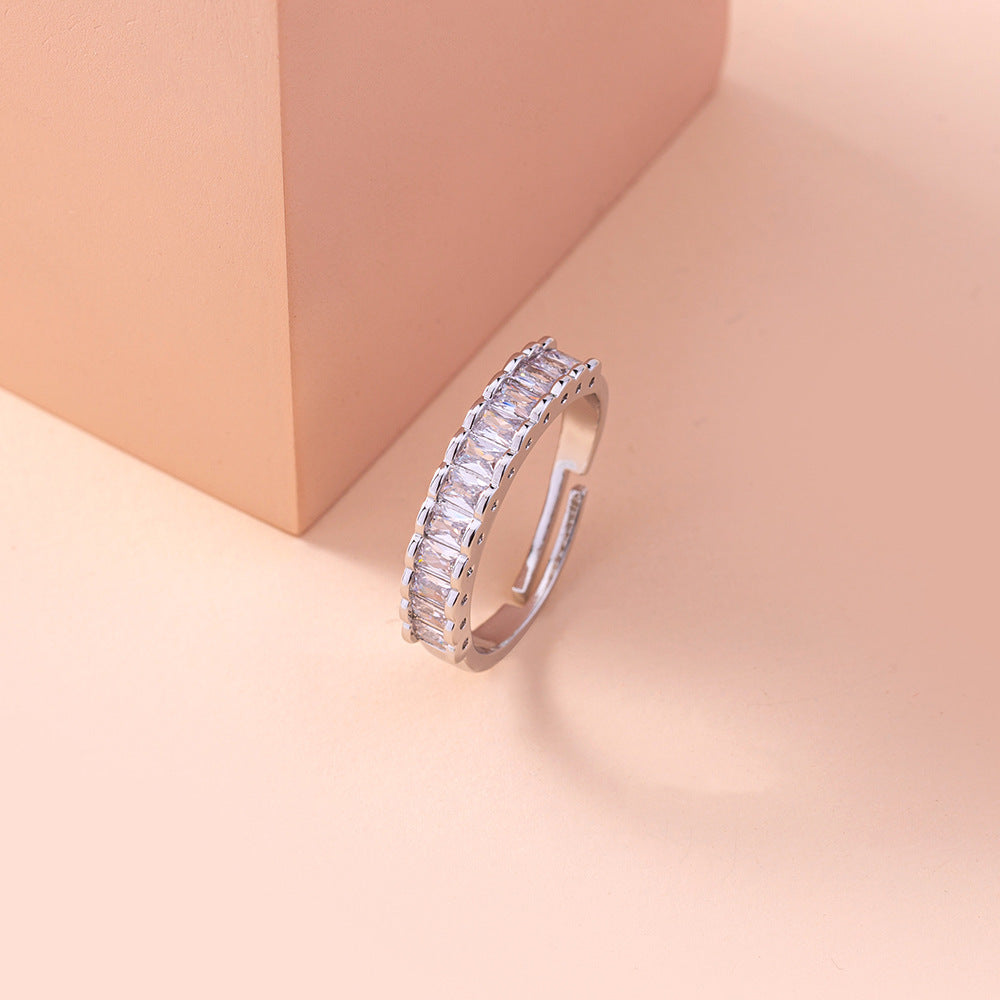 European and American cross-border personality simple fashion popular square zircon ring opening adjustable ring female accessories jewelry