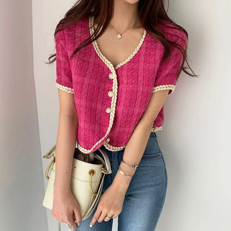2025 Summer New Elegant Retro Short Korean Plaid Tweed Cardigan Women Fashion Short Sleeved Thin Short Jacket Female Elegant Top