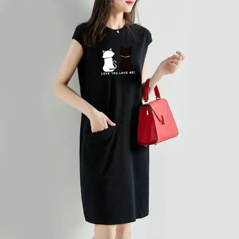 Women Summer Cat Print Dress Korean Fashion Aesthetic Clothes Casual Streetwear Black Loose Midi Dresses for Women
