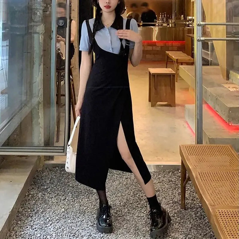 Fake Two Pieces Spliced Dresses Summer Korean Polo-Neck Button Women's Clothing Short Sleeve Waist Fashionable Split Long Dress