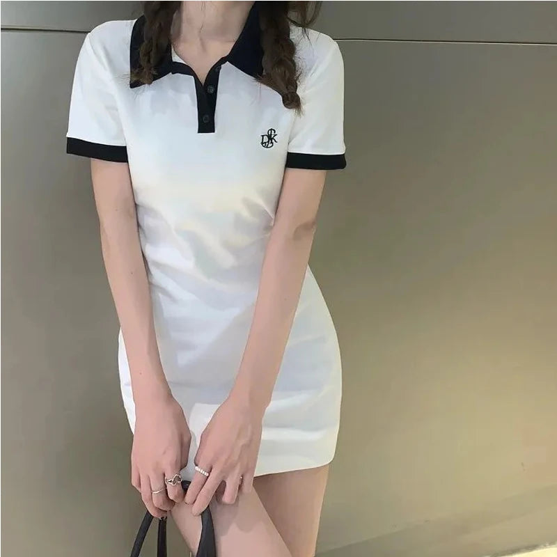 Polo Women's Dress Summer Y2K One Pieces Korea Student Short Sleeve Mini Skirt Slim Sheath Tight Female Dress Collar Shirt