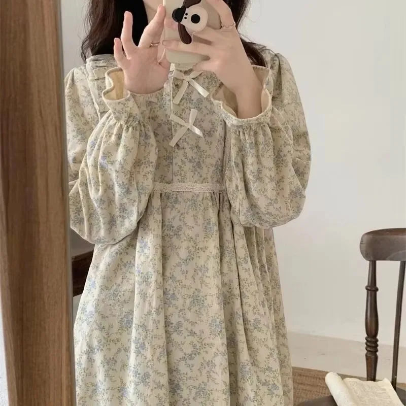 Lace Sleepwear Women Pajamas Set for Home Floral Vintage Long Sleeve Pants Suit 2 Pieces Spring Ruffle Korean O-neck Night Wears