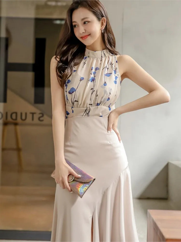 Women Summer 2 Pieces Set Casual Simple Office Skirt Suit Korean Sale Sleeveless Print Tops + High Waist Mermaid Skirts