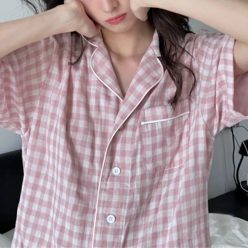 Sweet Sleepwear Women Pajama Sets Pink Plaid Shorts Sets 2 Pieces Korean Piiama Korean Night Wears Pocket Summer Home Suit 2025