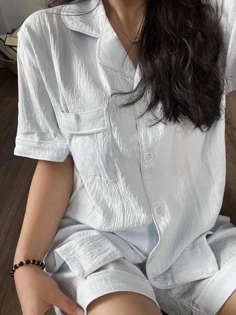 Pocket Sleepwear Women Pajama Sets Solid Korean Piiama Summer Shorts Sets 2 Pieces Short Sleeve Night Wears Casual Home Suit New