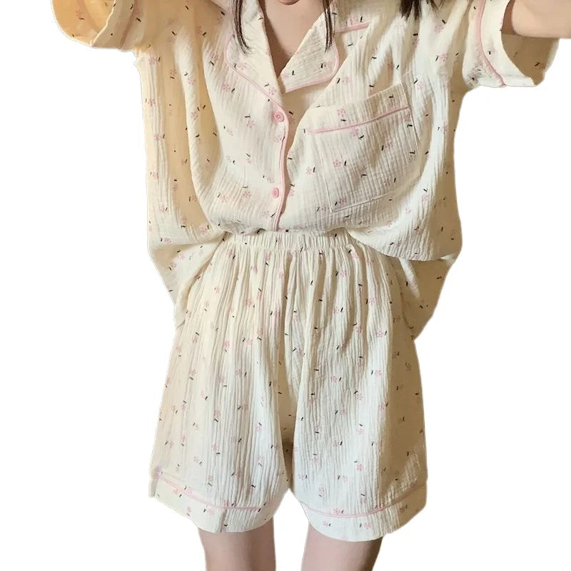 Floral Sleepwear Women Pajama Sets Korean Fashion Piiama Short Sleeve Sets 2 Pieces Pocket Night Wears Cute Button Home Suit New
