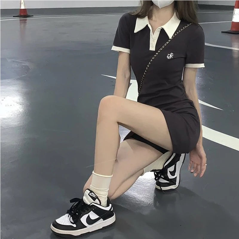 Polo Women's Dress Summer Y2K One Pieces Korea Student Short Sleeve Mini Skirt Slim Sheath Tight Female Dress Collar Shirt