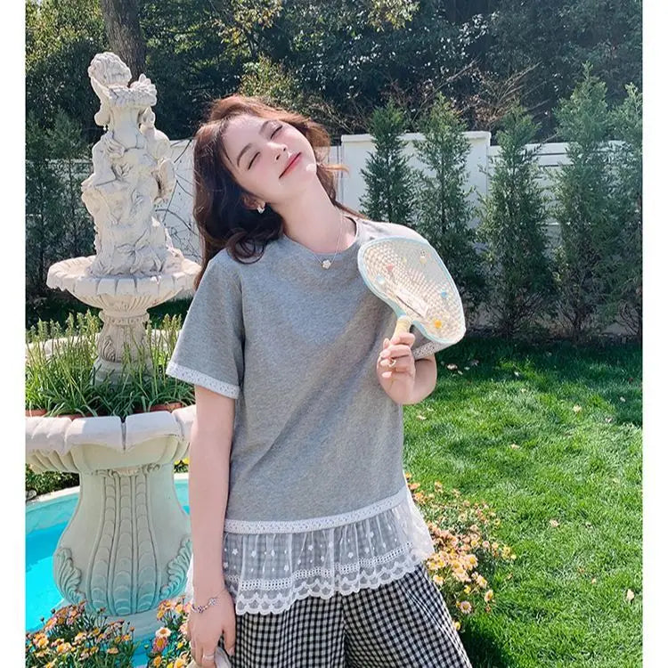 C04 Korean Lace Spliced gray Short-sleeved T-shirt Plaid Wide-leg Pants Suit for Women Summer Two-piece Set