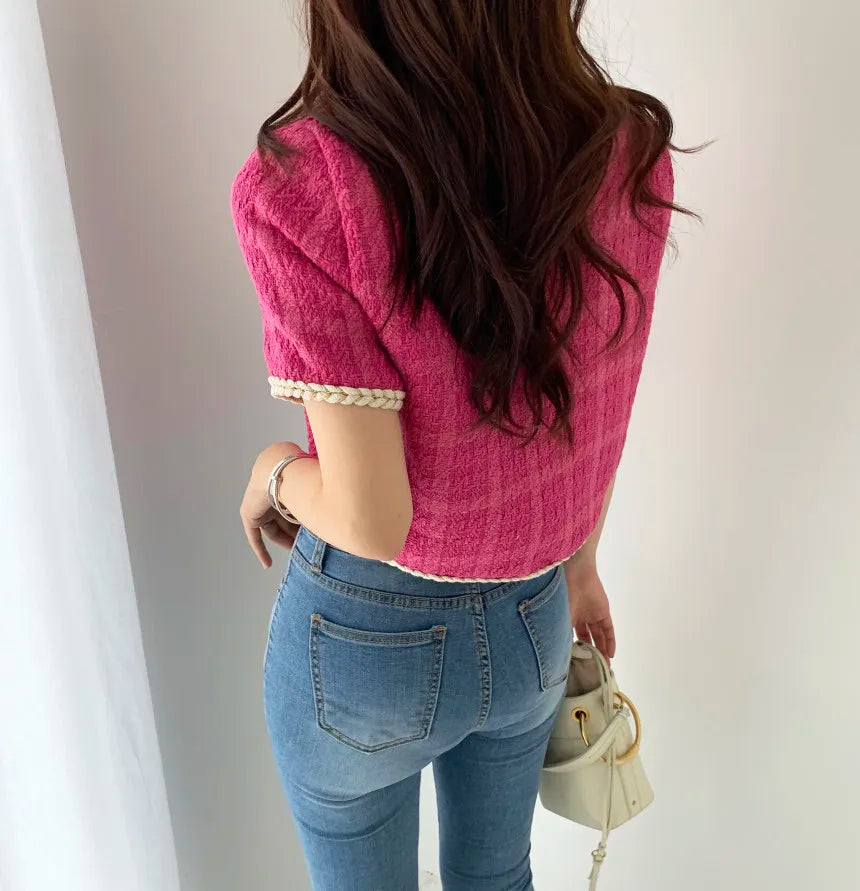 2025 Summer New Elegant Retro Short Korean Plaid Tweed Cardigan Women Fashion Short Sleeved Thin Short Jacket Female Elegant Top