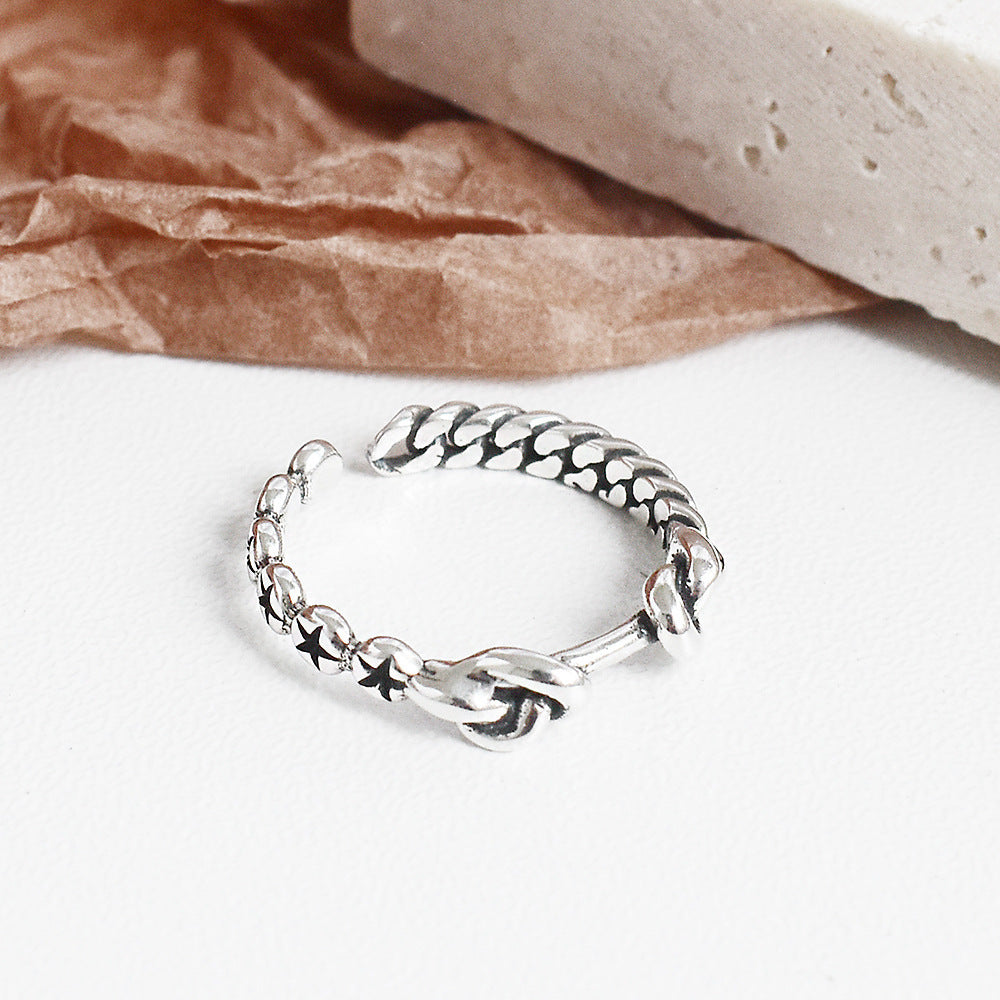 Ins Retro Cold Wind Jewelry S925 Sterling Silver Star Rope Knot Ring