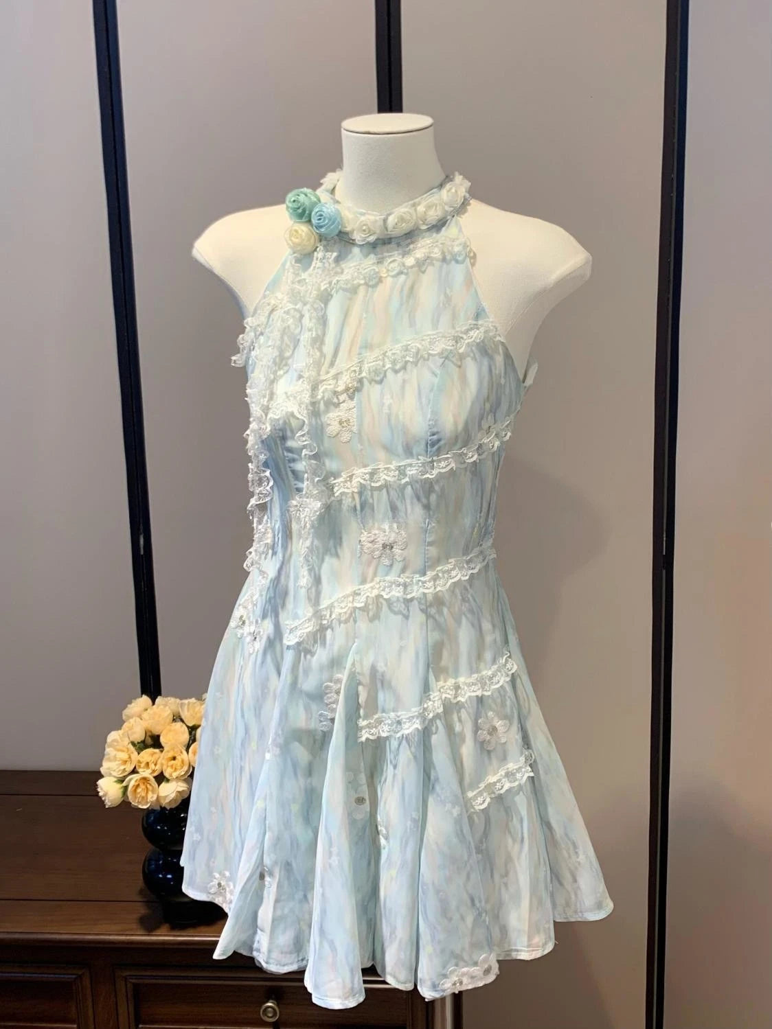 French Sweet Floral Lace Mini Dress Women Beach Style Evening Party Clothing Summer Slim Vintage One Piece Dress Korean Fashion