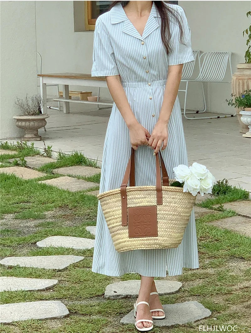 Cotton Linen Feminine Vestidos Chic Korea Fashion Clothes Women Office Lady Vintage Single Breasted Button Stripe Shirt Dress