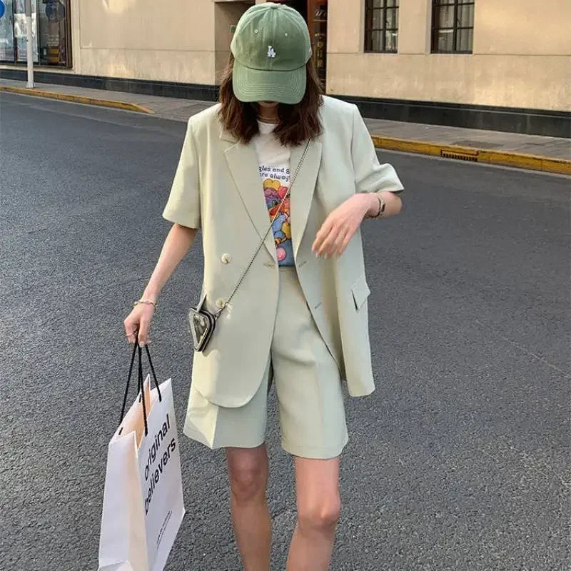 Clothing White 2025 Sleeve Summer Korean Style Blazer and Shorts Suit for Woman Kit Women's Short Pants Sets Complete Two Pieces