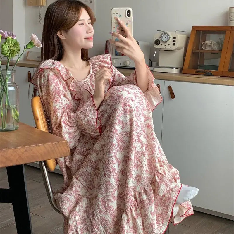 Floral Women Nightgown Autumn Sleepwear Long Sleeve Night Dress Korean One Piece Pajamas O-neck Ruffles Nightwear Sleeping Wear