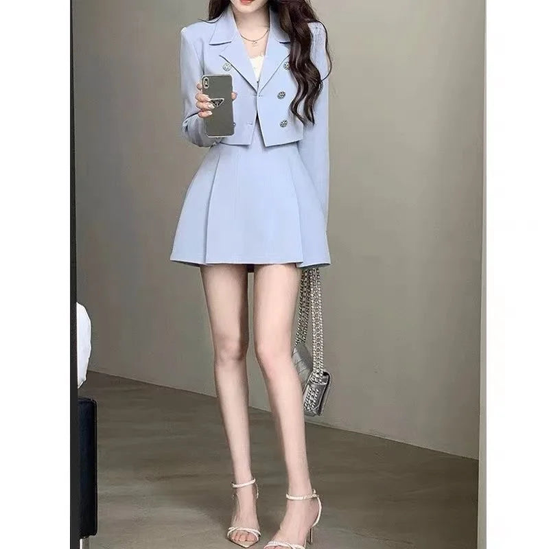 Women Spring Summer Short Blazers Mini Skirts Two Piece Set Korean Preppy Style Blue Suit Jacket A-Line Skirt Sets Outfits