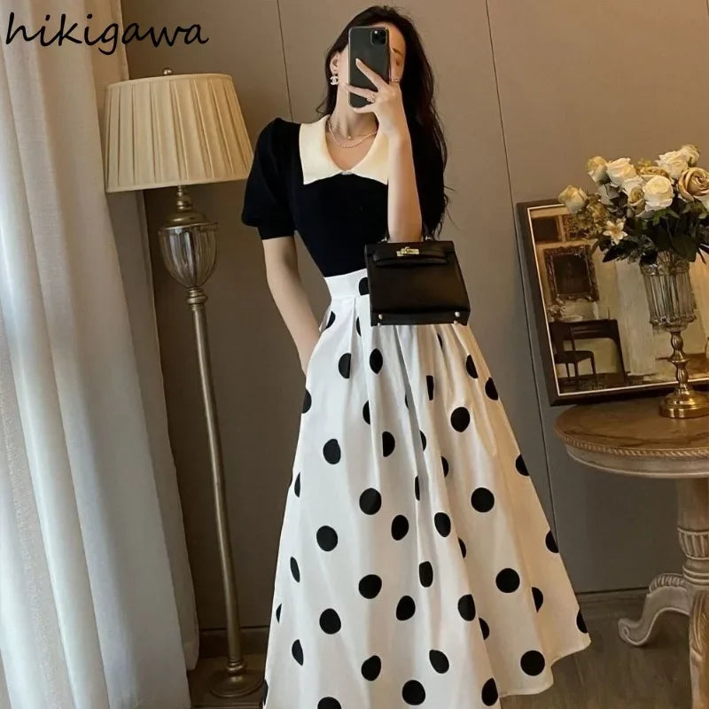 Korean Two Piece Sets Womens Outfits High Waist Polka Dot Big Swing Skirt Puff Sleeve Tunic Tops Set Chic Summer Elegant Suit
