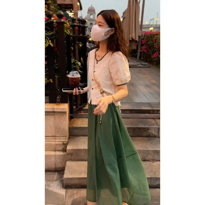 Women's Chic Summer Clothing Korean Graceful Lace Shirt+Mesh A-Line Midi Skirts Two Piece Set Lady Elegant Short Sleeve Top