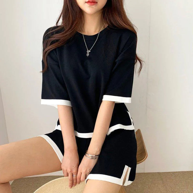 C01 Summer Thin Knitted 2 Pieces Sets Women O-neck Knitwears Short Sleeve Tops Conjuntos Korean High Waist Baggy Shorts Pants Outfit