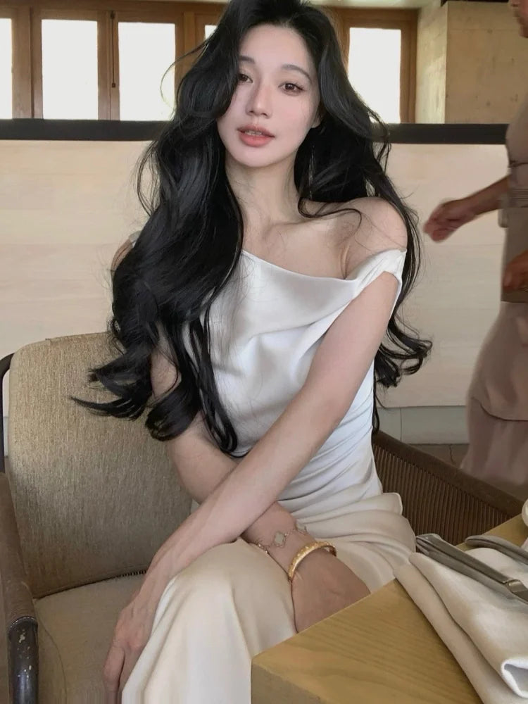 Women's Elegant Solid Evening Party Dresses Summer Fashion Korean Graduation Formal Dress Off Shoulder Slim Vestidos Clothing