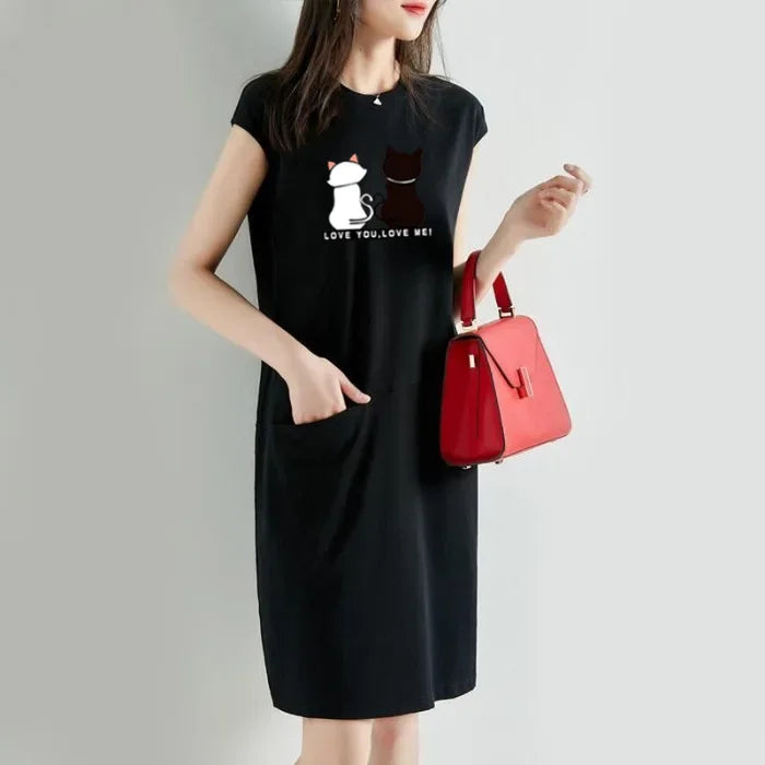 Women Summer Cat Print Dress Korean Fashion Aesthetic Clothes Casual Streetwear Black Loose Midi Dresses for Women