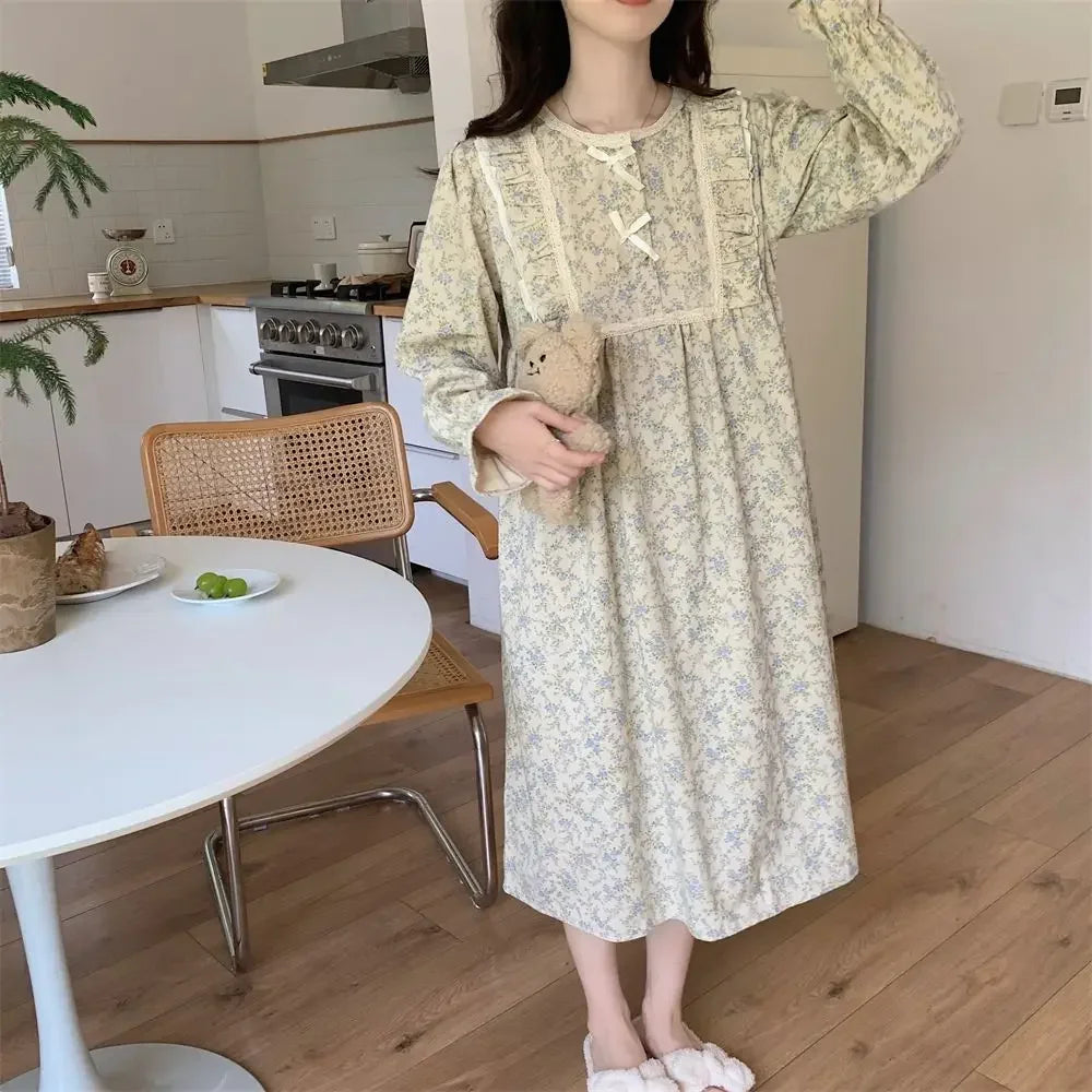 Lace Sleepwear Women Pajamas Set for Home Floral Vintage Long Sleeve Pants Suit 2 Pieces Spring Ruffle Korean O-neck Night Wears
