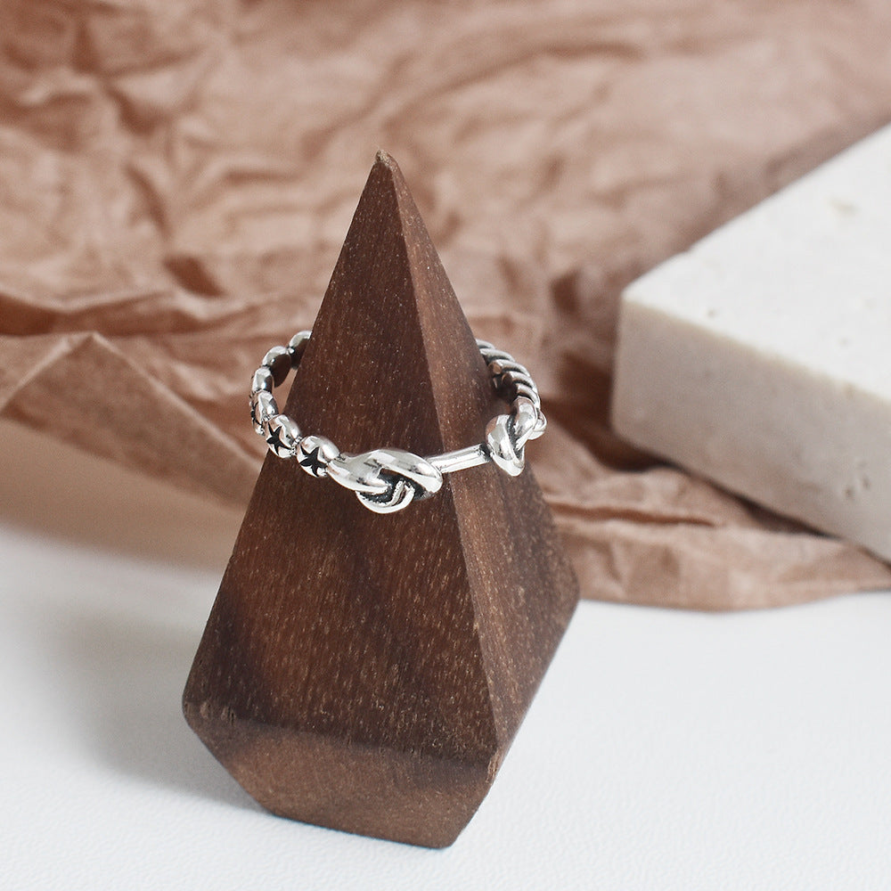 Ins Retro Cold Wind Jewelry S925 Sterling Silver Star Rope Knot Ring