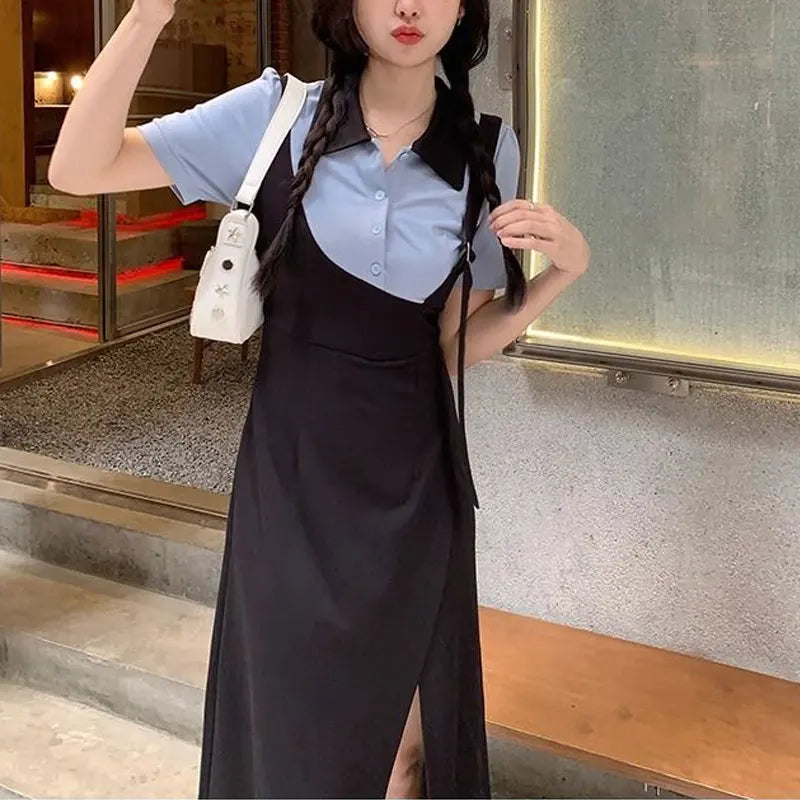 Fake Two Pieces Spliced Dresses Summer Korean Polo-Neck Button Women's Clothing Short Sleeve Waist Fashionable Split Long Dress