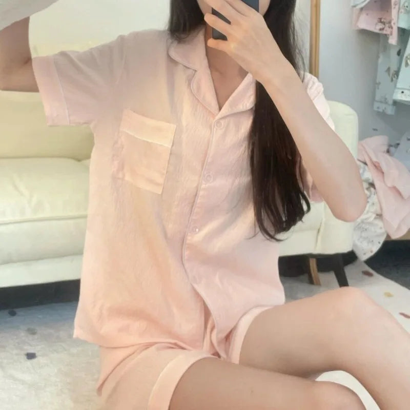 Pocket Sleepwear Women Pajama Sets Solid Korean Piiama Summer Shorts Sets 2 Pieces Short Sleeve Night Wears Casual Home Suit New