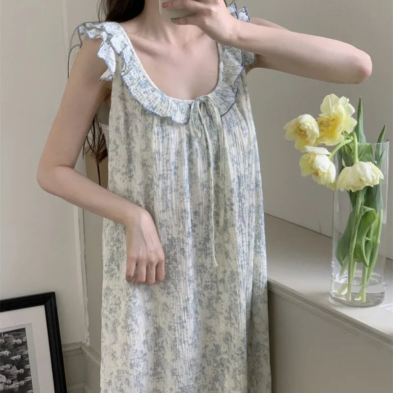 Floral Ruffles Women Nightgown Sleeveless Sleepwear O-neck Night Dress Korean Fashion Nightwear Summer One Piece Pajamas Dress