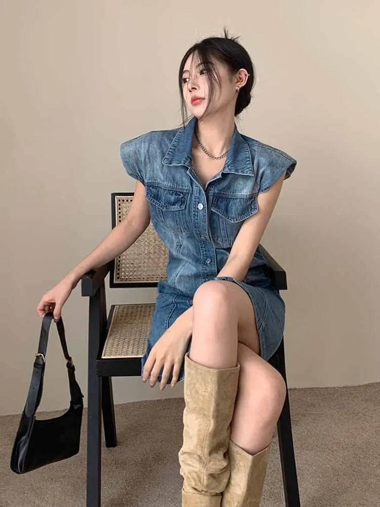 The Newest Fashion Wear Take Fashion Women Vintage Polo-neck Sleeveless Denim Blue Dress Party Cocktail Short Mini Dress