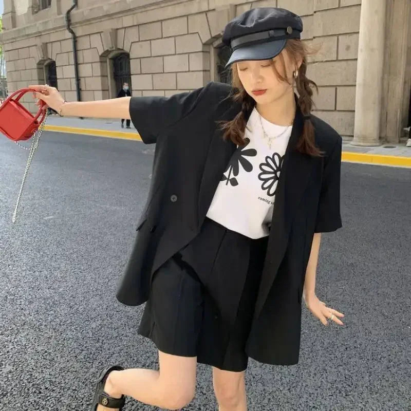 Clothing White 2025 Sleeve Summer Korean Style Blazer and Shorts Suit for Woman Kit Women's Short Pants Sets Complete Two Pieces