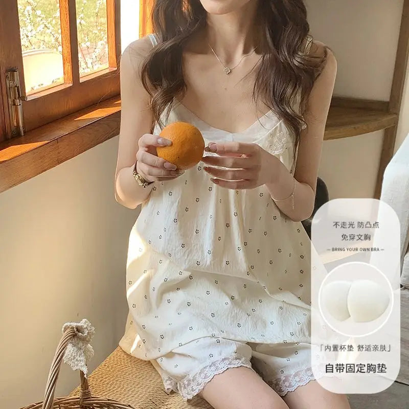 Floral Sleepwear Women Pajama Sets Korean Fashion Piiama Spaghetti Strap Female Sets 2 Pieces Lace Night Wears Cute Home Suit