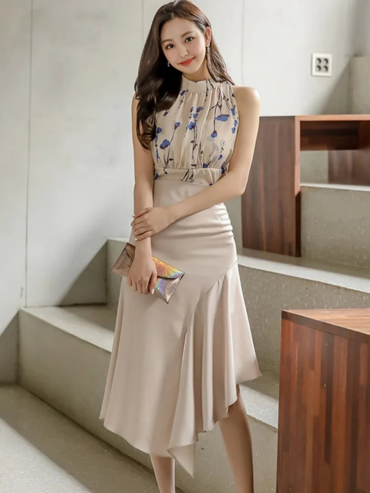 Women Summer 2 Pieces Set Casual Simple Office Skirt Suit Korean Sale Sleeveless Print Tops + High Waist Mermaid Skirts