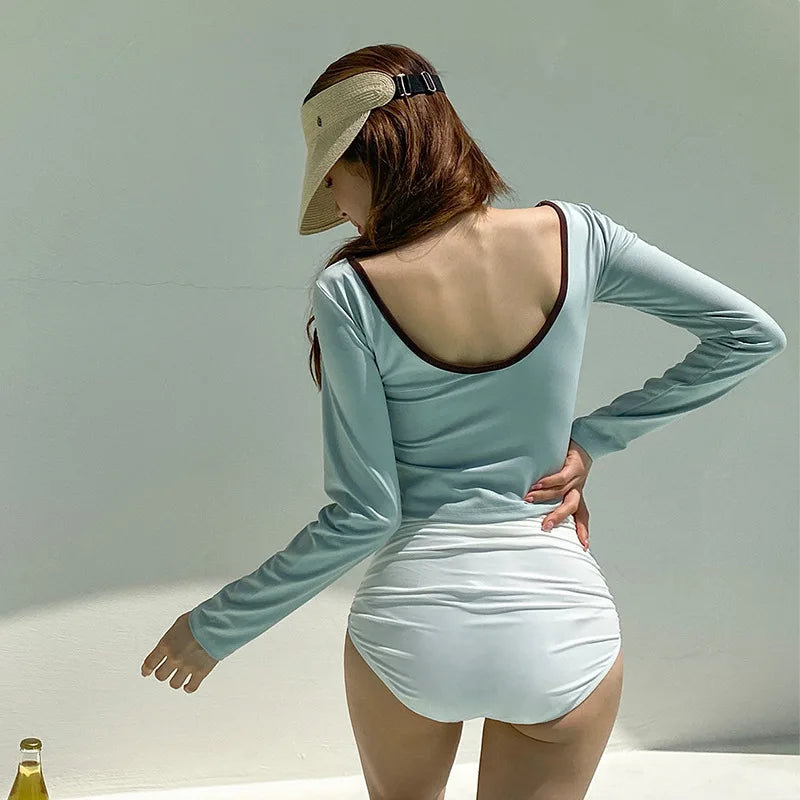 New Long Sleeve Sports Bikinis Two Pieces Swimsuit Women Swimwear Beach Bathing Suits Korean High Waisted Bikini Set Pool 2025