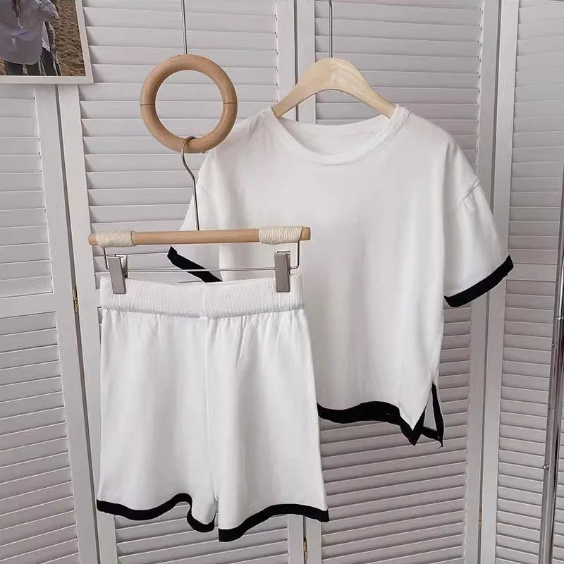 C01 Summer Thin Knitted 2 Pieces Sets Women O-neck Knitwears Short Sleeve Tops Conjuntos Korean High Waist Baggy Shorts Pants Outfit