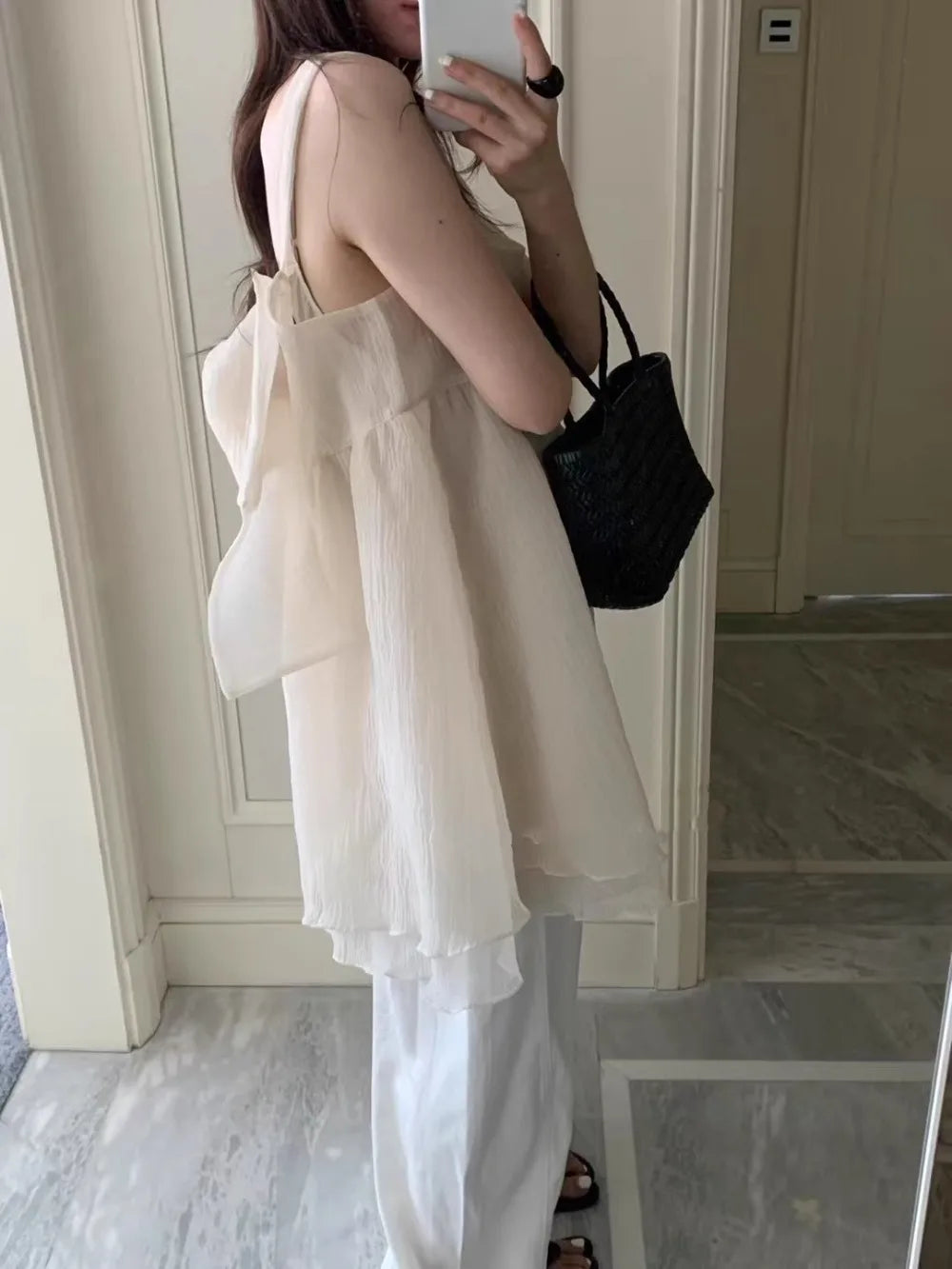 Mesh Back Bow 2025 Vestidos Korean Fashion Tank Dress Summer Sweet Sexy Strap Dresses Woman Loose Robe Mini Ropa De Mujer