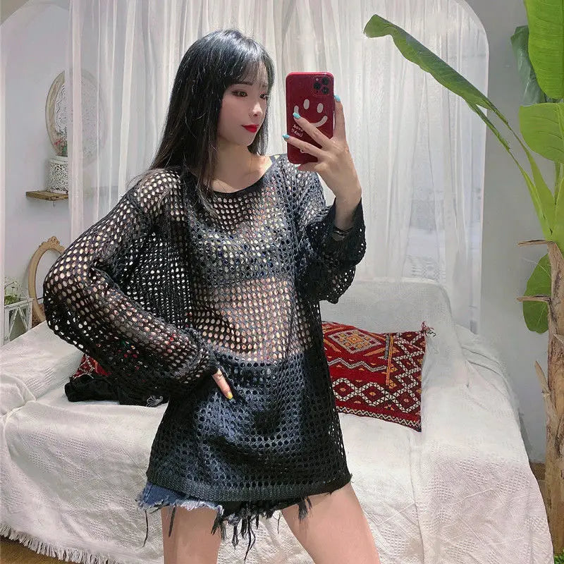 Fashion O-Neck Knitted Solid Color Hollow Out Blouses Female Clothing 2025 Spring Summer New Loose Korean Tops Casual Shirts